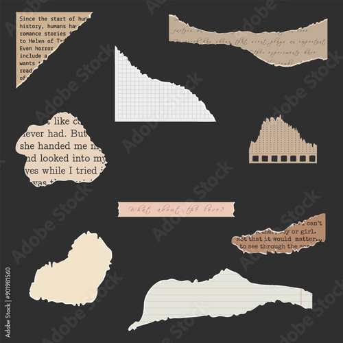 Set of white torn or ripped paper sheet. Scrapbook edge, notebook tear or blank page split vector illustration. Abstract realistic ornament or decoration clip art for social media banner background