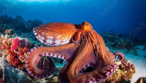 A magnificent large marine octopus masterfully disguises itself among the brightly colored corals. photo