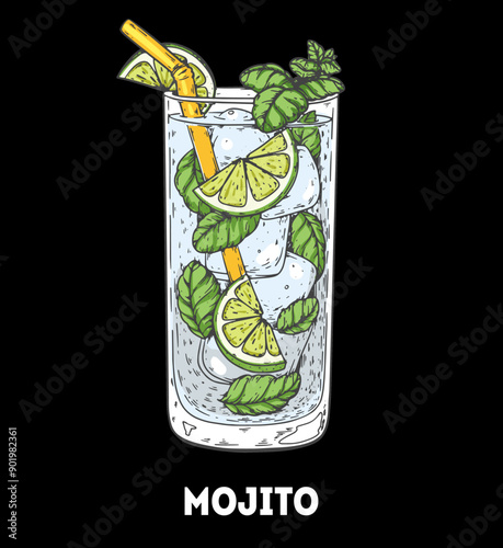 Mojito cocktail illustration. Hand drawn sketch. Vector illustration. Isolated object.