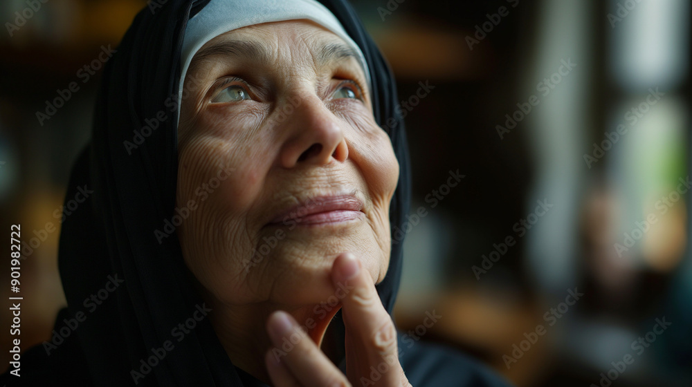 Serene Nun with Folded Hands, Gentle Smile and Peaceful Expression Looking Up in Mild Lighting Serene Nun with Folded Hands, Gentle Smile and Peaceful Expression Looking Up in Mild Lighting