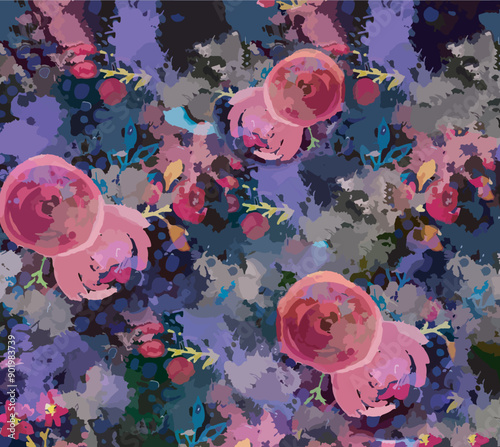 Watercolor pink roses pattern on splash paint wallpaper