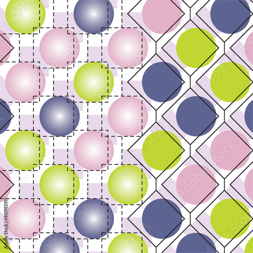 Square pattern with polka bubbles and dashed and tile line 