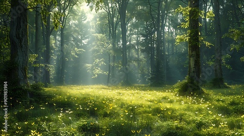 Peaceful forest glade surrounded by Linden Trees Tilia cordata their heartshaped leaves rustling in the gentle breeze in Germany photo