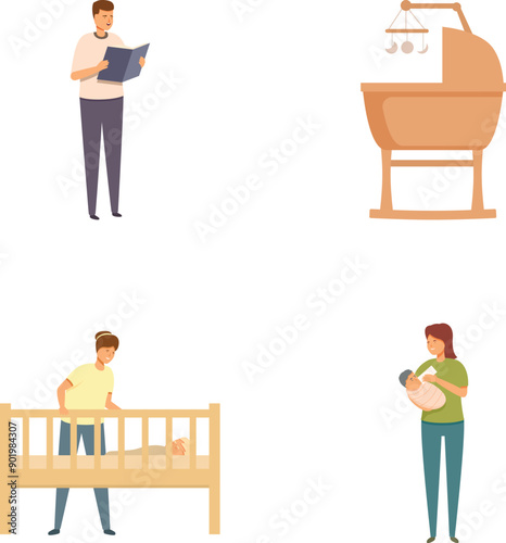 Collection of vector illustrations showcasing different stages of family life, from parenting to baby care