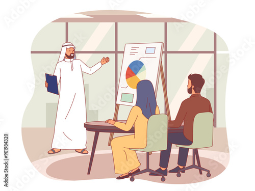 Arabic businessman conducts presentation. Man in national muslim clothes, saudi guy in office talks about project, presenting startup project, cartoon flat isolated illustration, vector concept