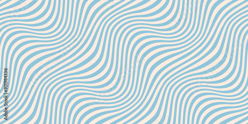 Blue and beige diagonal wavy lines seamless pattern. Simple vector abstract liquid stripes background. Funky groovy texture with diagonal waves, fluid shapes, flow. Stylish repeated decorative design