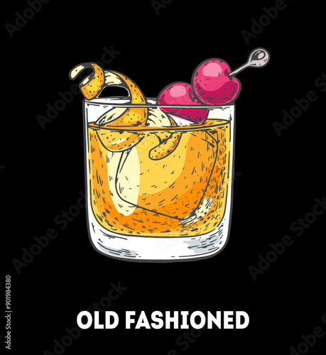 Old fashioned cocktail illustration. Hand drawn sketch. Vector illustration. Isolated object.