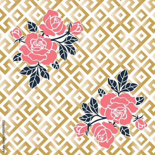 Roses with Geometric gold and diamond motif design