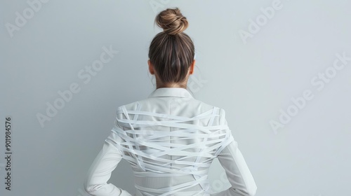 Businesswoman tangled in a web of financial regulations, illustrating bureaucratic entrapment photo