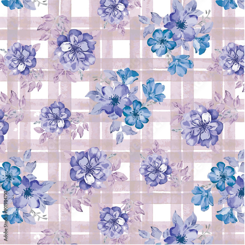 Watercolor flowers in mix blue and purple floral design on brushed plaid pattern