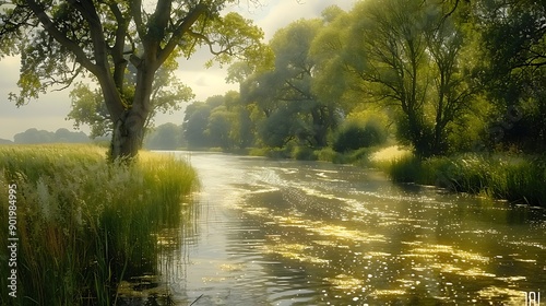 Peaceful riverside with Rushes Juncus effusus lining the banks their green stems swaying in the breeze in the English countryside photo