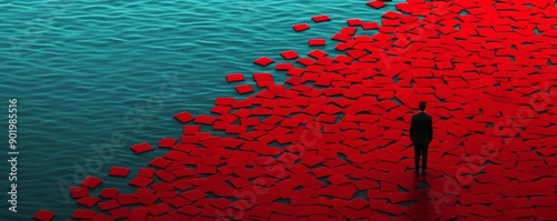 Individual drowning in a sea of red ink, depicting financial losses photo