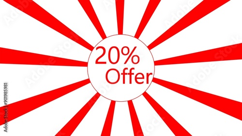 20% offer red lines sunburst rotating on white background. photo