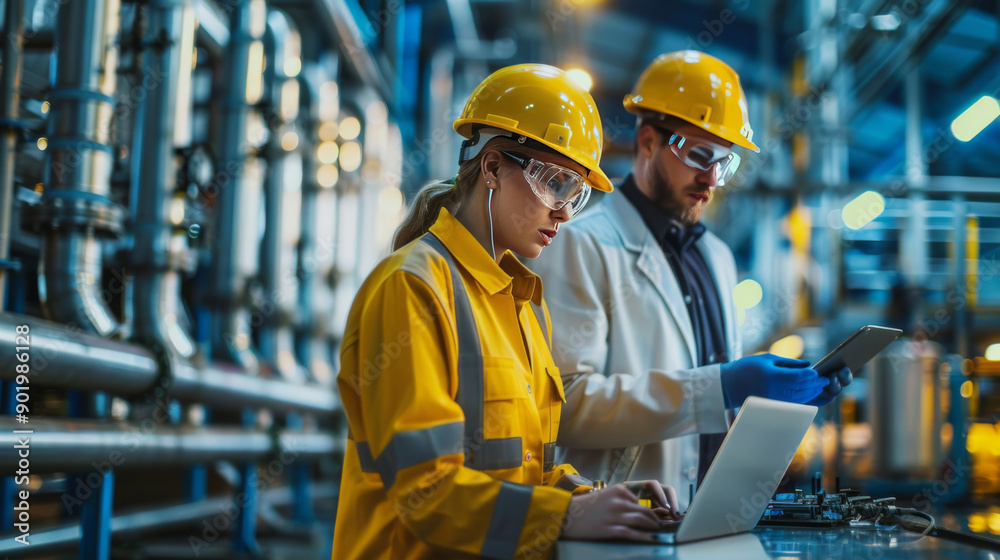 Two engineers in safety gear work together using a laptop and tablet in a modern industrial facility. Two engineers in safety gear work together using a laptop and tablet in a modern industrial facility.