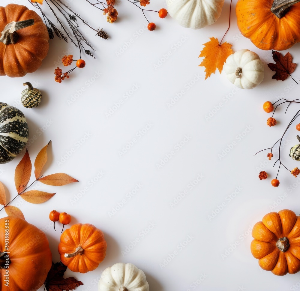 Obraz premium Autumnal Pumpkins and Leaves on White Background