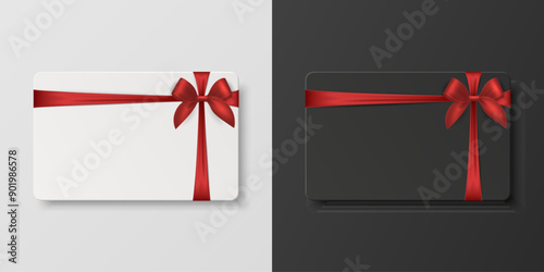 Vector 3D Realistic Blank Gift Card and Gift Certificate Template with Silk Red Ribbon and Satin Bow. Greeting or Sale Card, Isolated. Birthday, Christmas, Party Gifts, Invitation Concept