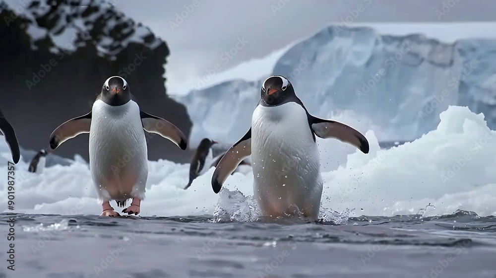 Obraz premium Penguins waddling on an Antarctic shoreline 