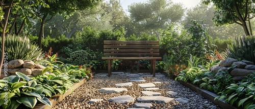 Peaceful garden with a meditation bench, Mental health, Outdoor reflection space photo