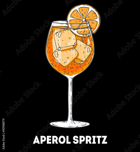 Aperol Spritz cocktail illustration. Hand drawn sketch. Vector illustration. Isolated object.