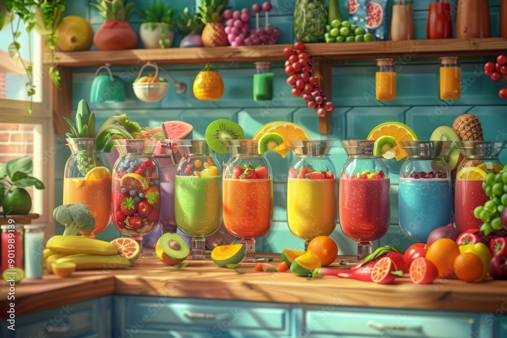 A colorful array of cartoon fruits and vegetables blend together to create delicious and nutritious smoothies in a bustling kitchen. A colorful array of cartoon fruits and vegetables blend together to create delicious and nutritious smoothies in a bustling kitchen.
