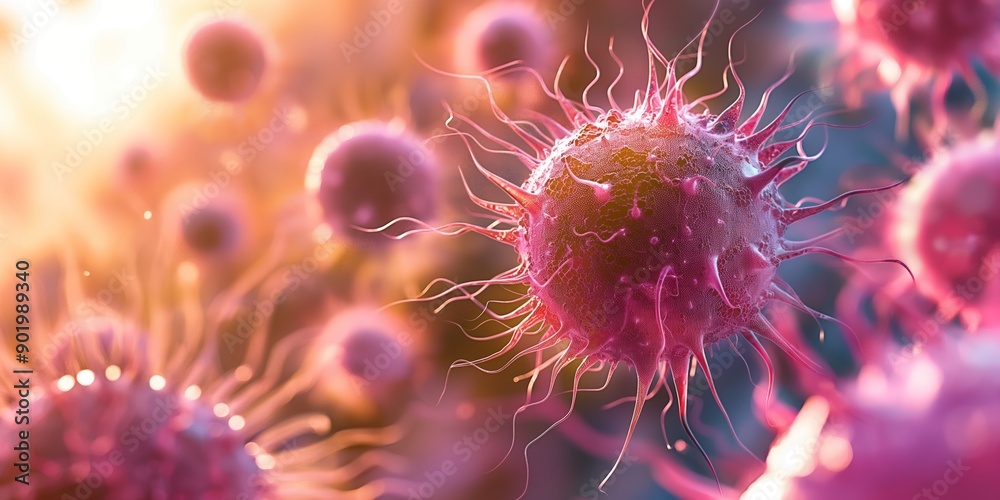 A close-up view of vibrant, textured microorganisms with delicate tendrils against a softly illuminated background A close-up view of vibrant, textured microorganisms with delicate tendrils against a softly illuminated background
