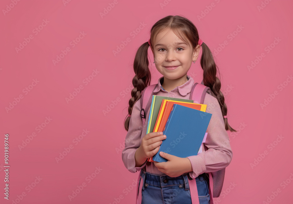Happy young school girl with backpack, holding colored books on a pastel pink background. Ready to go back to school. Happy young school girl with backpack, holding colored books on a pastel pink background. Ready to go back to school.