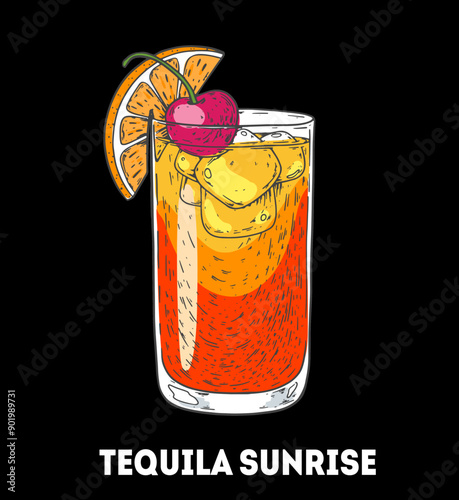 Tequila sunrise cocktail illustration. Hand drawn sketch. Vector illustration. Isolated object.