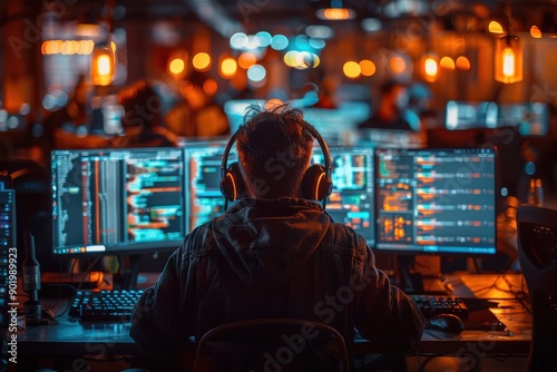 A back view of a programmer engrossed in coding, working on multiple computer screens in a dimly lit, focused office environment, illustrating the intense concentration of tech work.