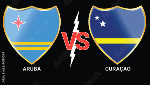 Aruba vs Curaçao soccer game featuring flags on black background photo