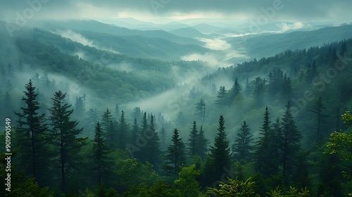 Scenic mountain range with Hemlock trees Tsuga canadensis in the Appalachian Mountains