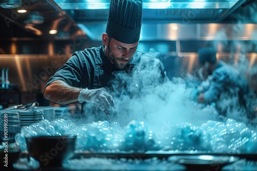 A chef, wearing a black uniform and hat, works intensively in a restaurant kitchen using molecular gastronomy techniques, creating an atmosphere filled with smoke and a modern culinary presentation.