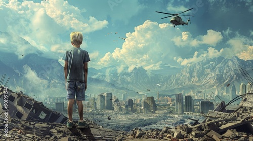 A young boy stands on rubble overlooking a devastated cityscape with a helicopter and parachuters in the sky