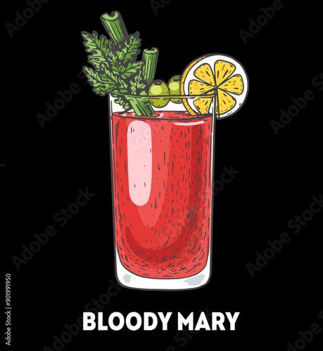 Bloody mary cocktail illustration. Hand drawn sketch. Vector illustration. Isolated object.