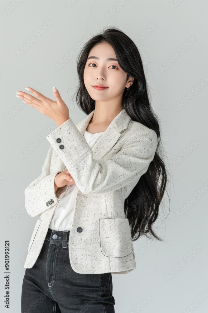 A professional woman presenting something with an open hand gesture A professional woman presenting something with an open hand gesture