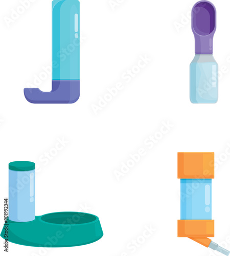 A collection of vector illustrations of various asthma inhalers and medical devices for respiratory care