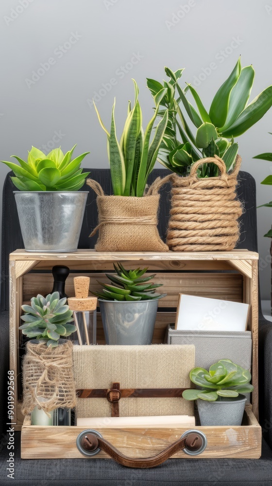 Fototapeta premium A vibrant potted plant sits in an open cardboard box on a table in a contemporary office, with natural light illuminating the workspace