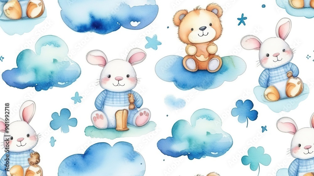 Seamless pattern with cartoon clouds, magical bunny bear toys and stars. Watercolor children's hand drawn illustration on white background for wallpaper, bed linen Seamless pattern with cartoon clouds, magical bunny bear toys and stars. Watercolor children's hand drawn illustration on white background for wallpaper, bed linen