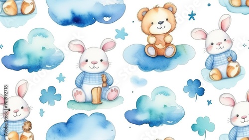 Seamless pattern with cartoon clouds, magical bunny bear toys and stars. Watercolor children's hand drawn illustration on white background for wallpaper, bed linen