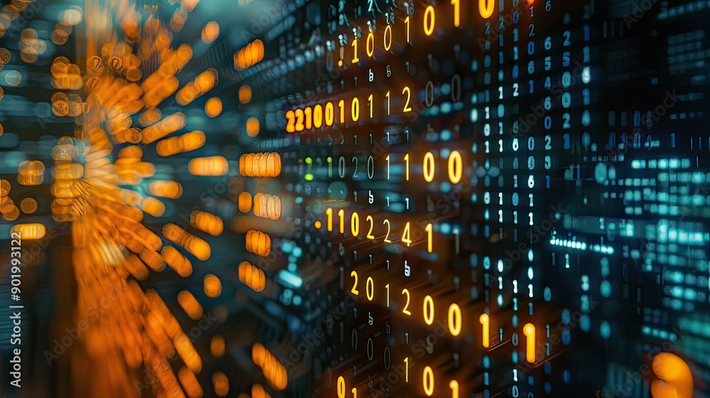 Obraz premium Dynamic Binary Code Stream With Vibrant Orange and Blue Visualization