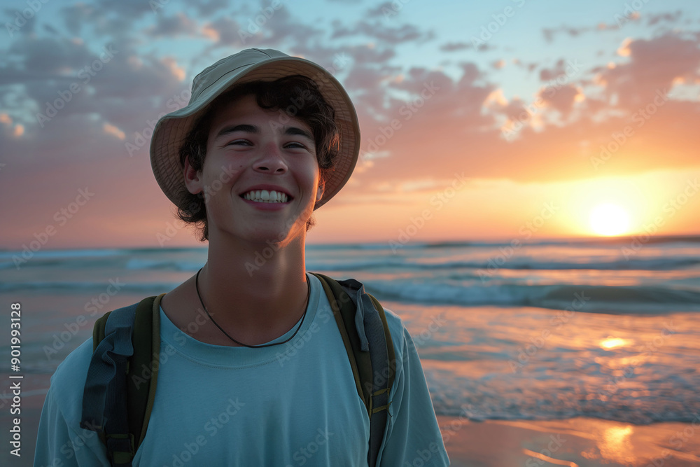 A happy young man in a light blue shirt and hat, standing at the beach at sunset, wearing a backpack A happy young man in a light blue shirt and hat, standing at the beach at sunset, wearing a backpack