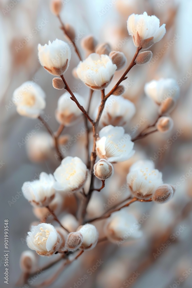 Close-up of delicate white flowers with soft brown buds on thin branches against a blurred background Close-up of delicate white flowers with soft brown buds on thin branches against a blurred background