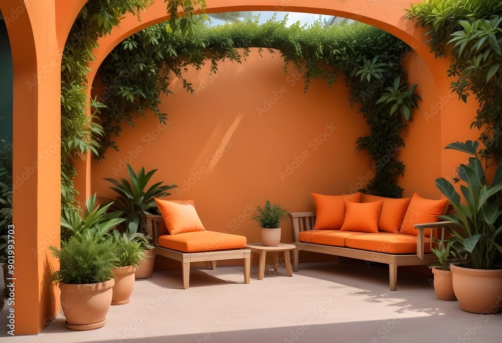 Fototapeta premium A modern couch with orange pillows in a cozy patio..