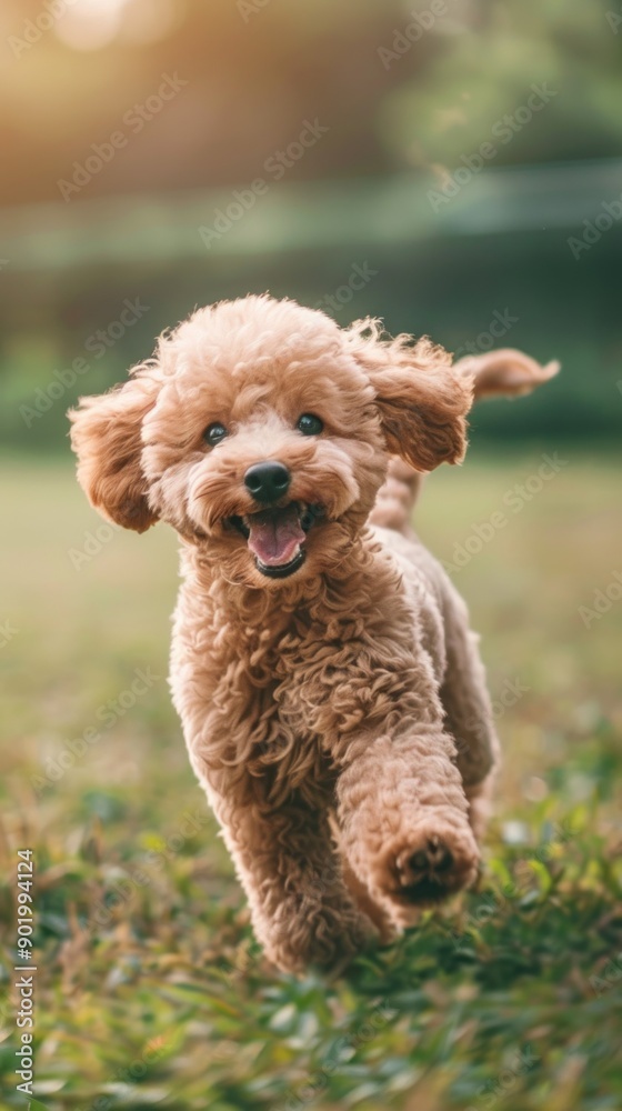 A cute little dog is running in a grassy field A cute little dog is running in a grassy field