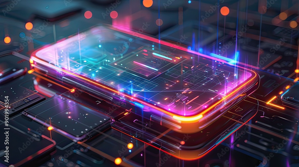 Futuristic Smartphone Surrounded by Neon Circuitry in Digital Space