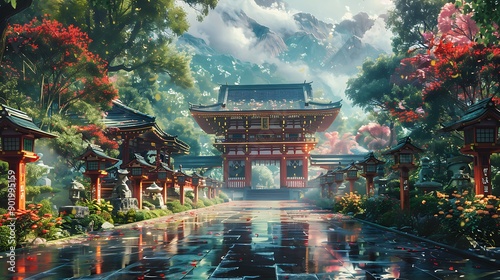 Serene portrayal of the mythological Japanese Kami spirits inhabiting a sacred shrine their presence bringing harmony and reverence to the scene surrounded by nature photo