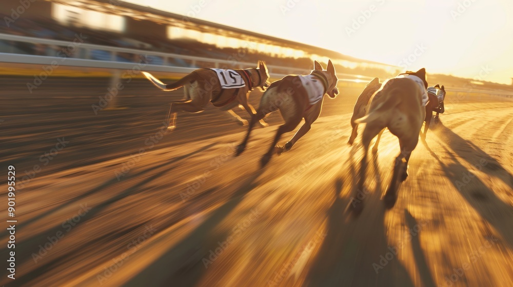 Fototapeta premium Greyhounds Race Close to Finish Line at Sunset During Exciting Competition in August