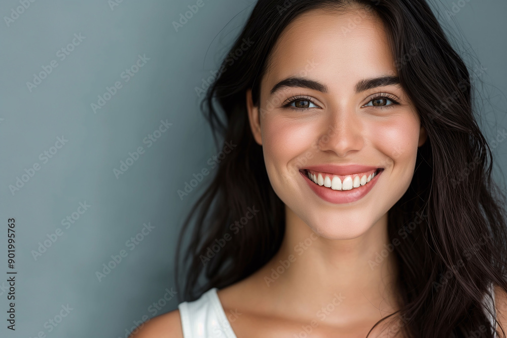 A happy young Hispanic woman with long dark hair, smiling confidently, against a gray background, wearing a white top A happy young Hispanic woman with long dark hair, smiling confidently, against a gray background, wearing a white top