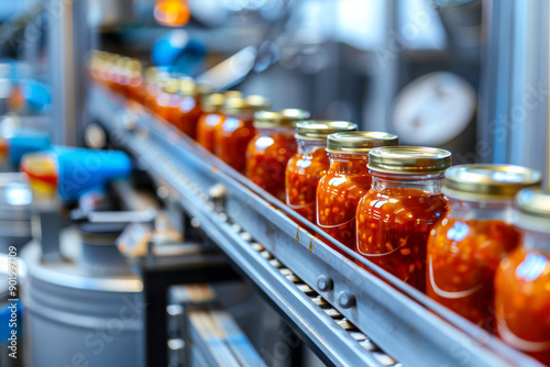 Sauces in glass jars on conveyor belt of food factory