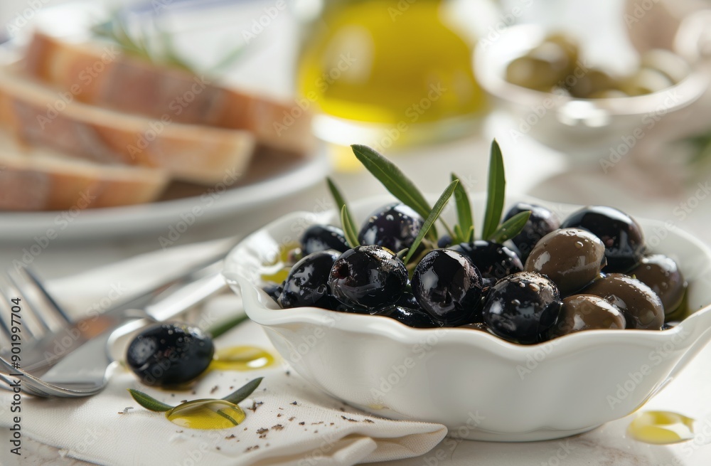 Black Olives With Rosemary in White Bowl Black Olives With Rosemary in White Bowl