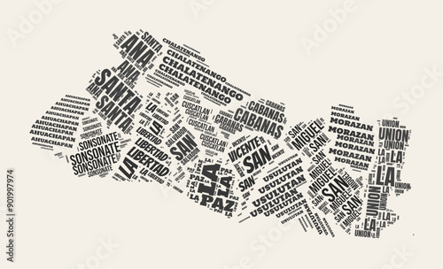 El Salvador Word Cloud. Country with regions division. El Salvador typographic text clouds vector image design. Vintage gazette style country shape image. Artistic vector illustration.